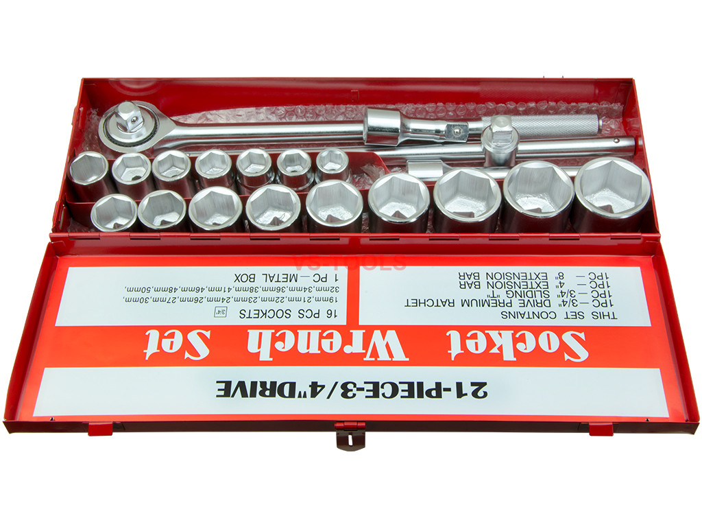 21pcs 3/4 Drive Square 19-50mm 6pt Metric Socket Set Sockets